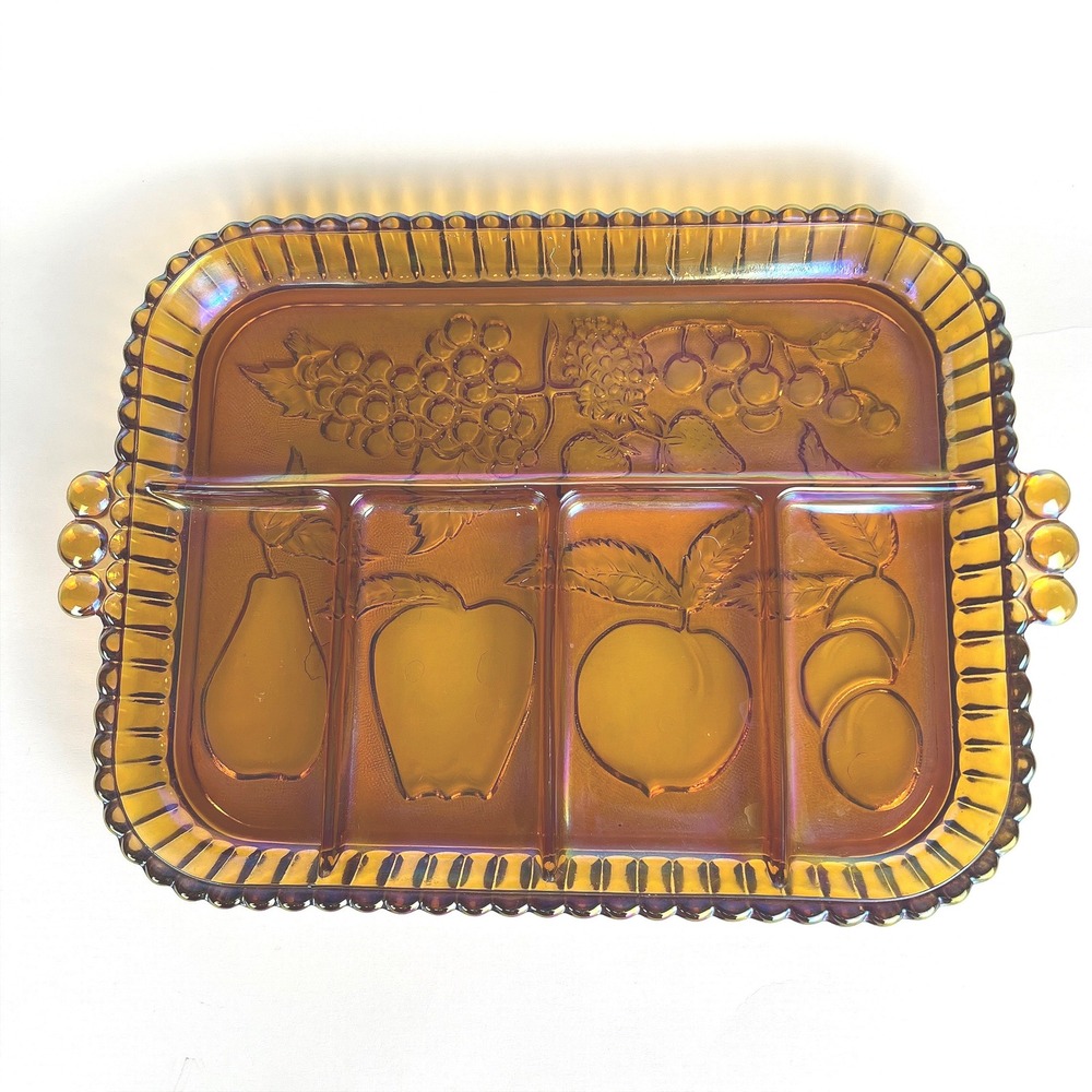Indiana Glass Iridescent Gold Amber Carnival Fruit Garland Divided‎ Tray Platter